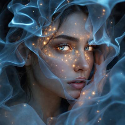 The primary subject of the image is a woman with blue eyes, who is wearing a veil and has a glowing aura around her. The setting is a dark background, which contrasts with the woman's glowing aura. The visual style is a combination of a photo and digital art, creating a unique and captivating image. The colors and mood of the image are predominantly dark, with the woman's glowing aura providing a sense of mystery and allure.